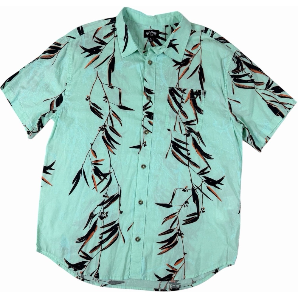 Billabong Hawaiian Shirt Mens Medium Mint Green Tropical Leaf Button Up